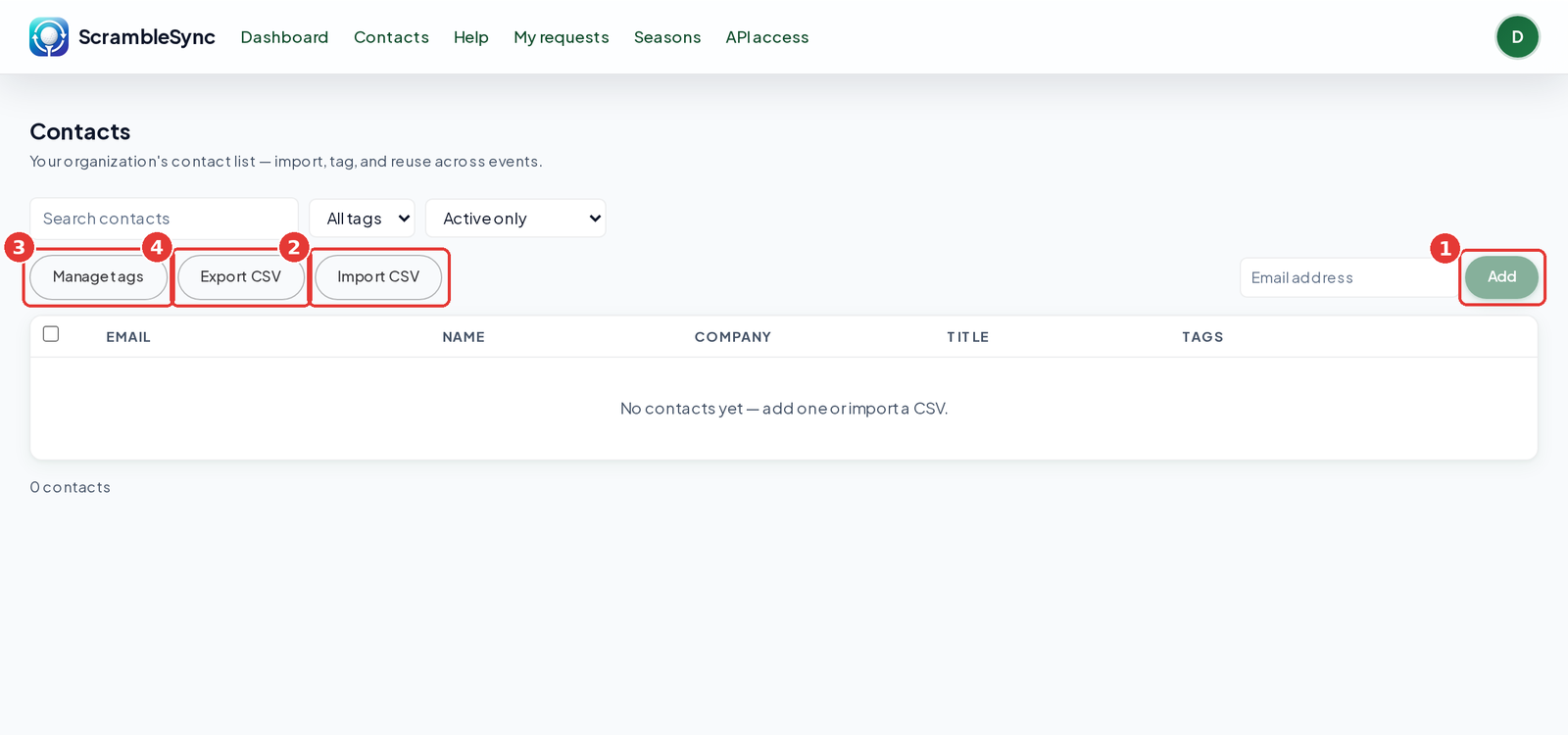 Contacts page with the Add button, Import CSV, Manage tags and Export CSV