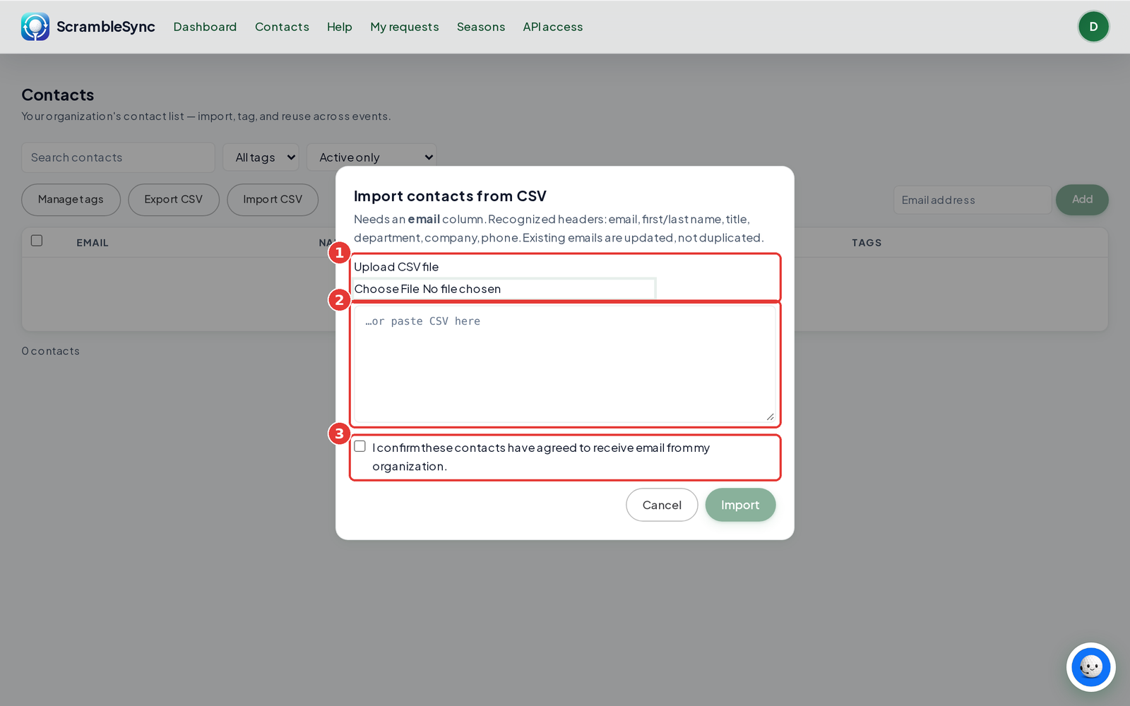 Import contacts from CSV dialog with Upload CSV file, the paste box and the permission checkbox