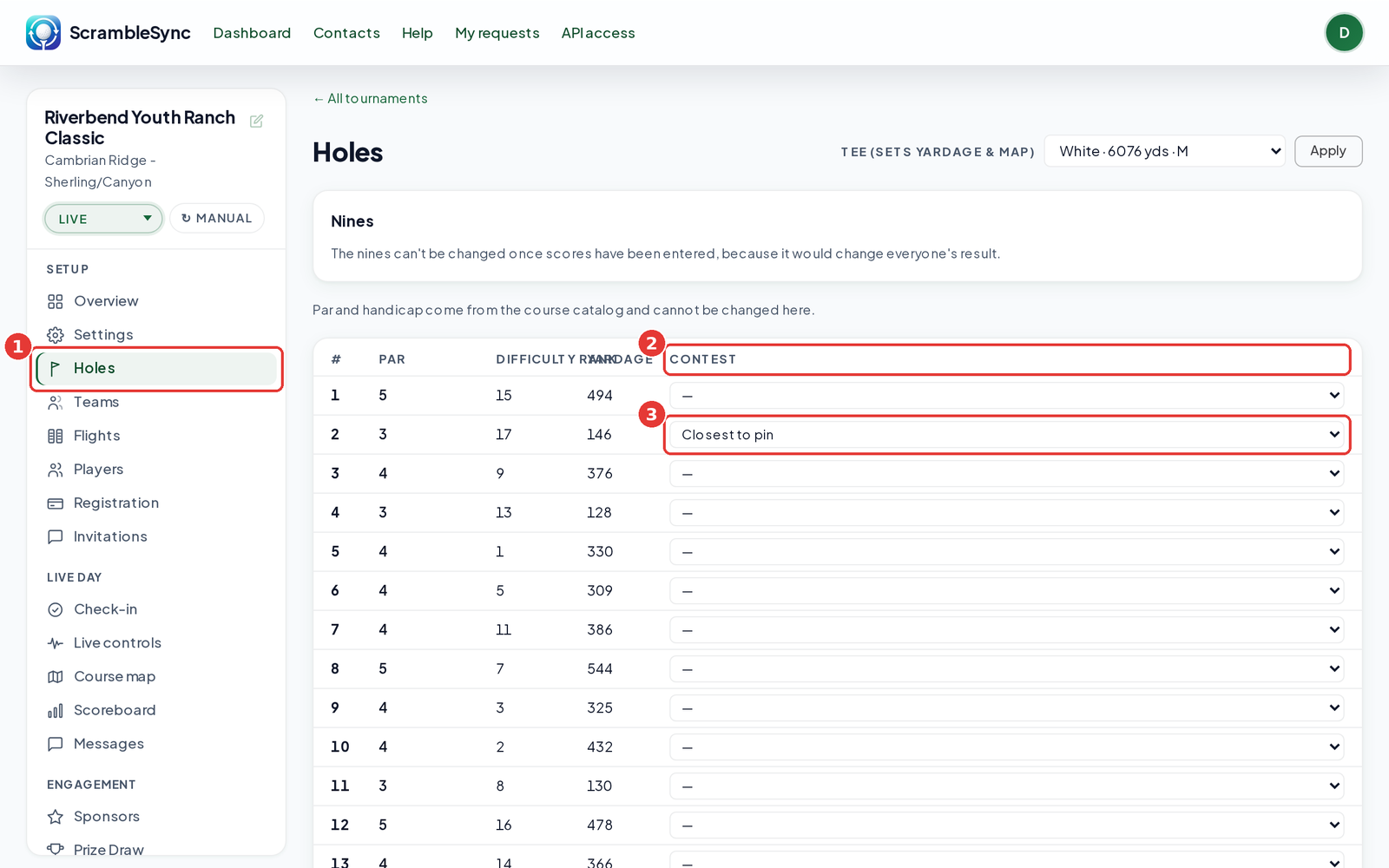Holes tab with the Contest column and hole 2 set to Closest to pin