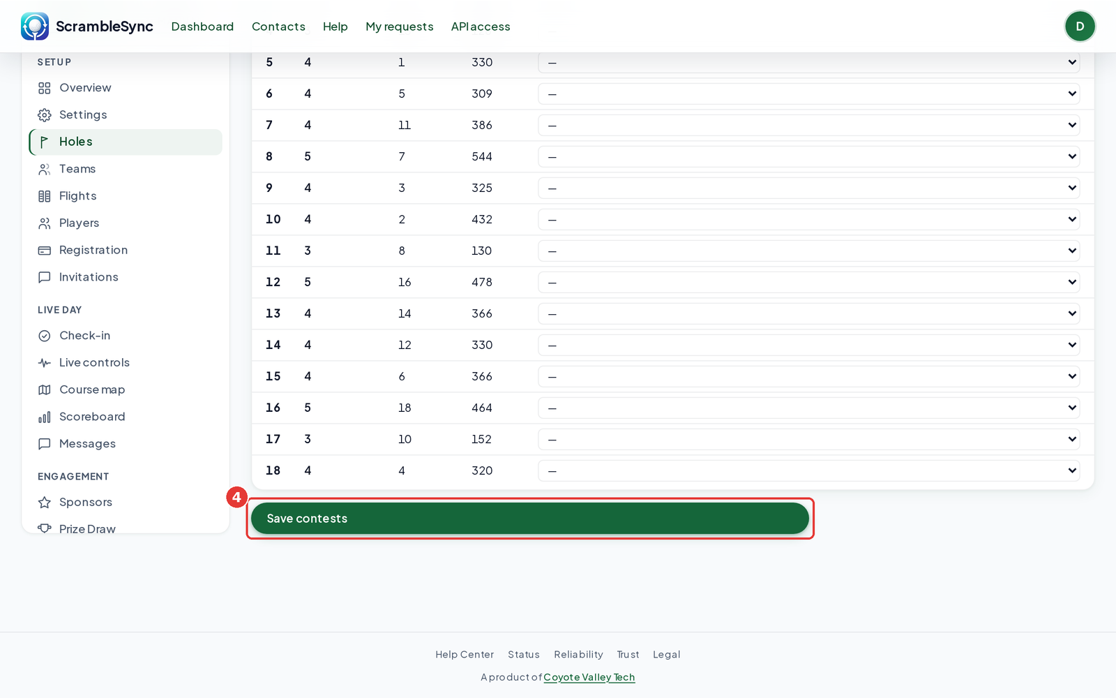Holes tab with the Save contests button highlighted