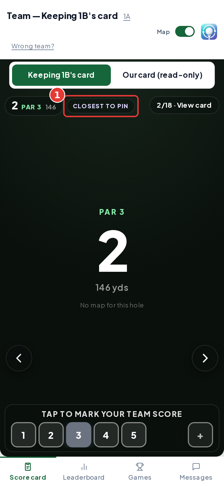 Golfer phone on hole 2 with the Closest to Pin badge