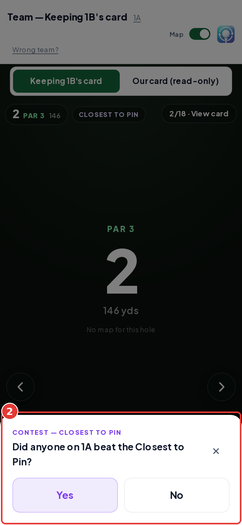Golfer phone prompt asking Did anyone on 1A beat the Closest to Pin? with Yes and No