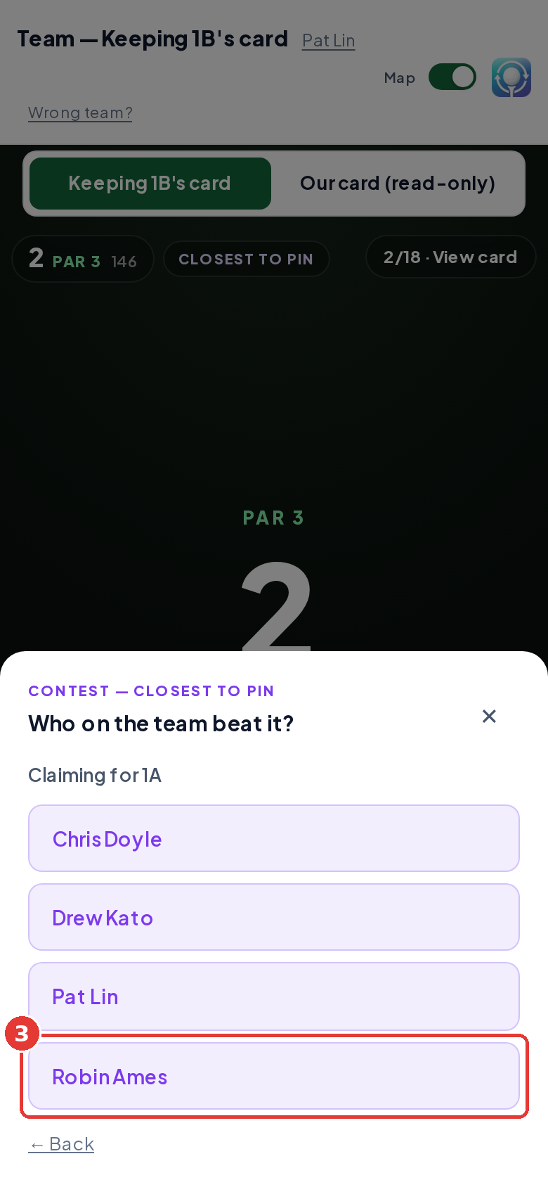 Golfer phone asking Who on the team beat it? with the team's players listed