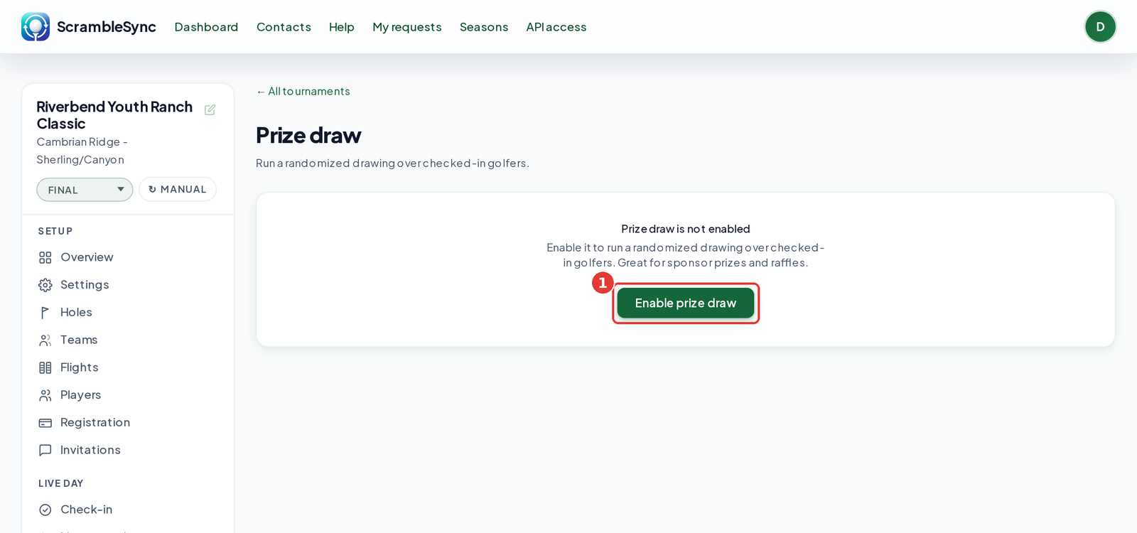 Prize draw page saying Prize draw is not enabled, with the Enable prize draw button
