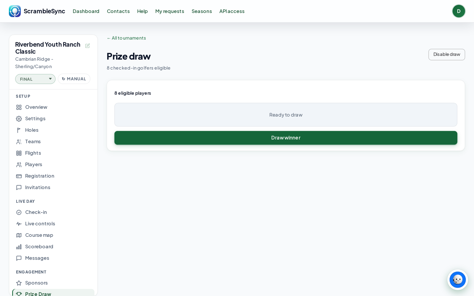 Prize draw page with the eligible golfer count, the draw controls and the list of winners