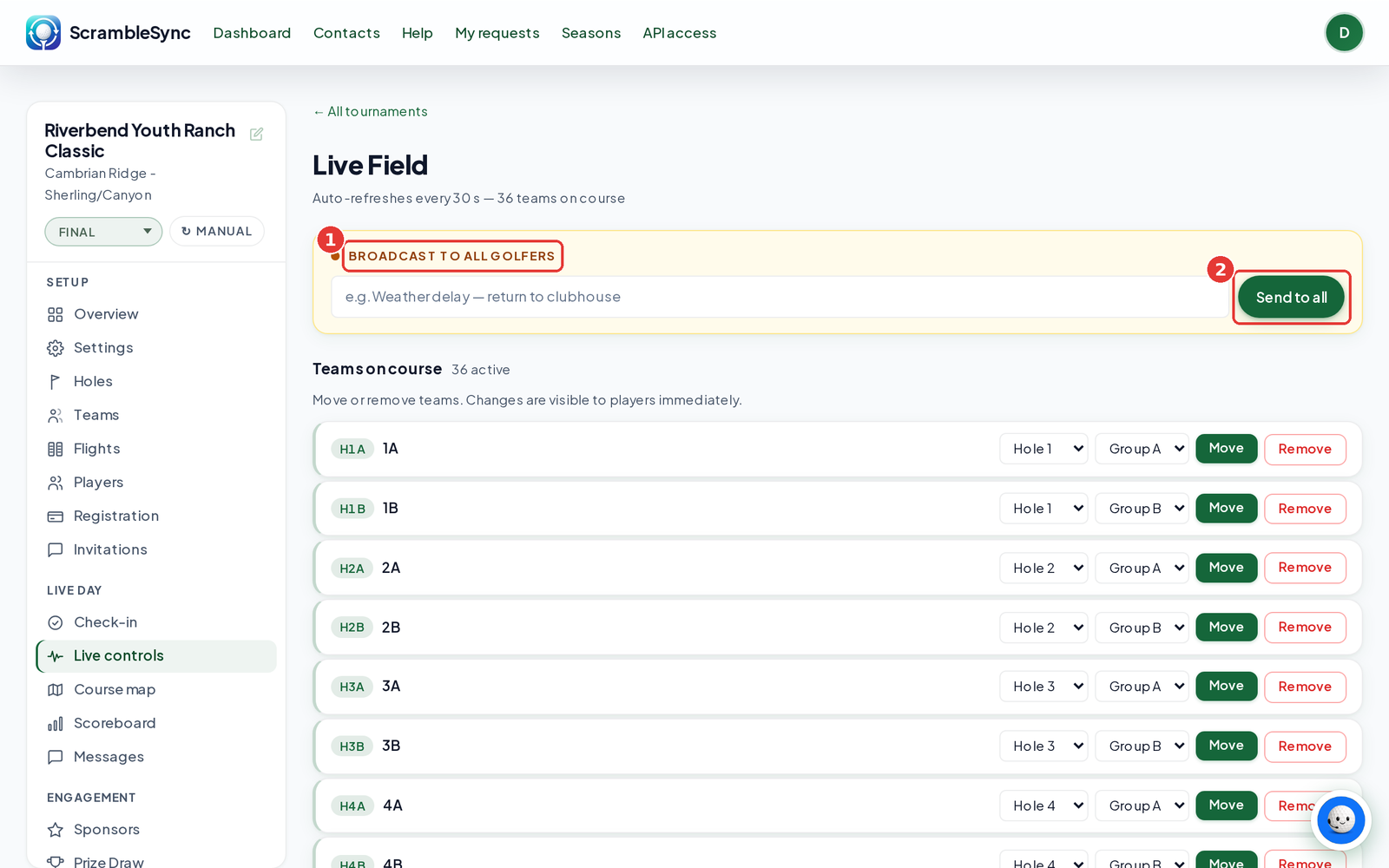 Top of the Live controls page showing the Live Field header, the Broadcast to all golfers box with the Send to all button