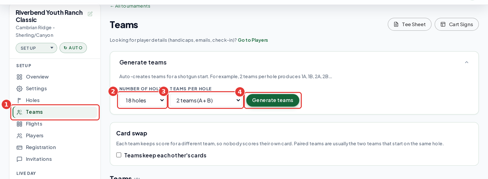 Teams tab Generate teams panel with Number of holes, Teams per hole and the Generate teams button