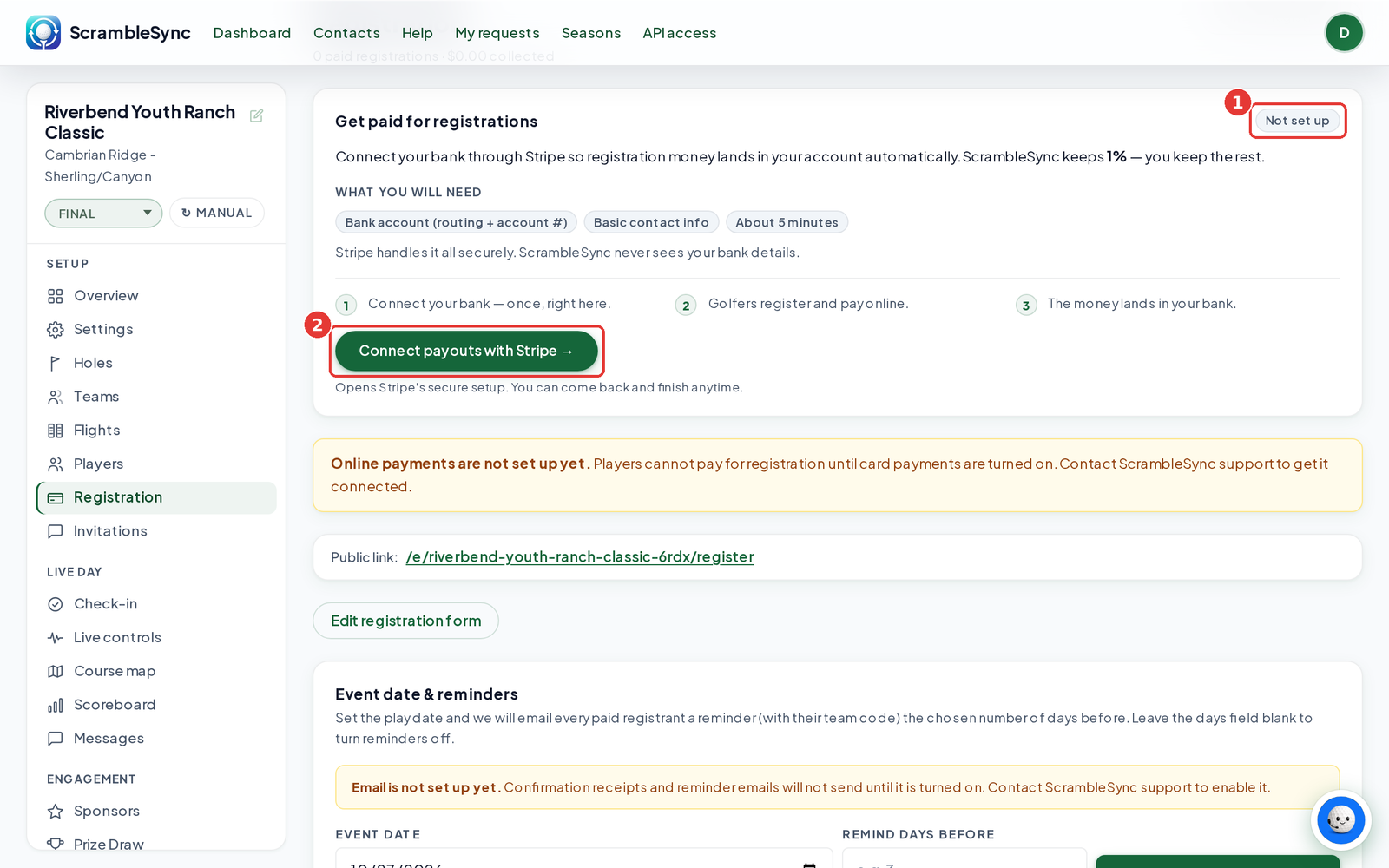Registration page showing the Get paid for registrations card with the Not set up badge, the list of what you'll need, and the Connect payouts with Stripe button