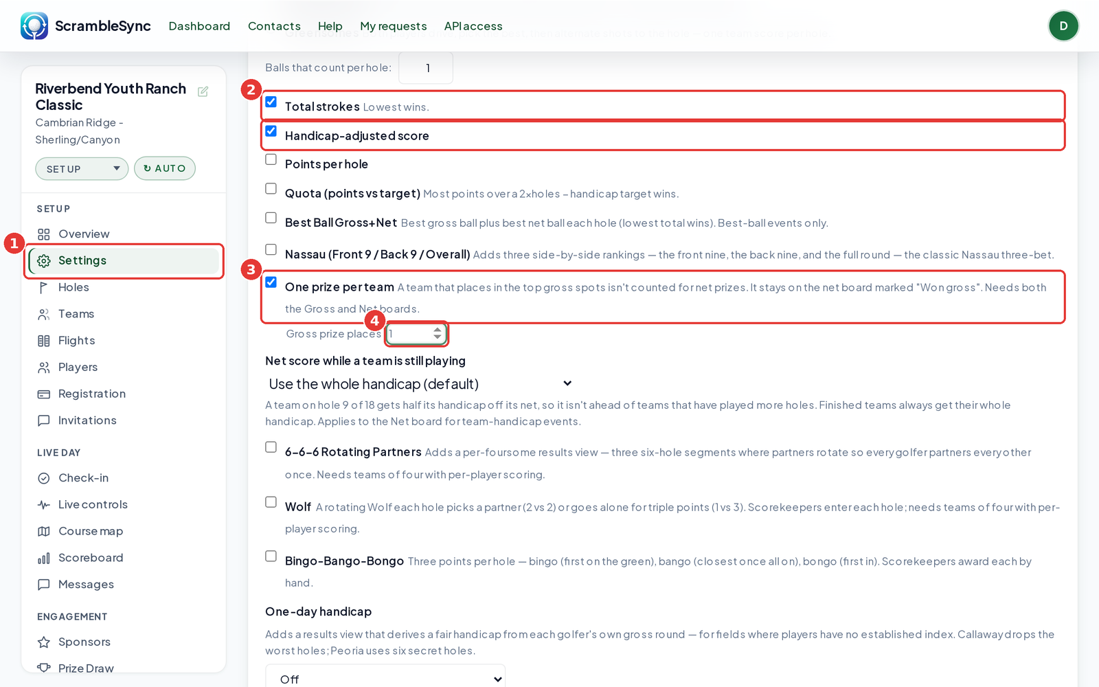 Settings tab with the gross and net board checkboxes, One prize per team and Gross prize places
