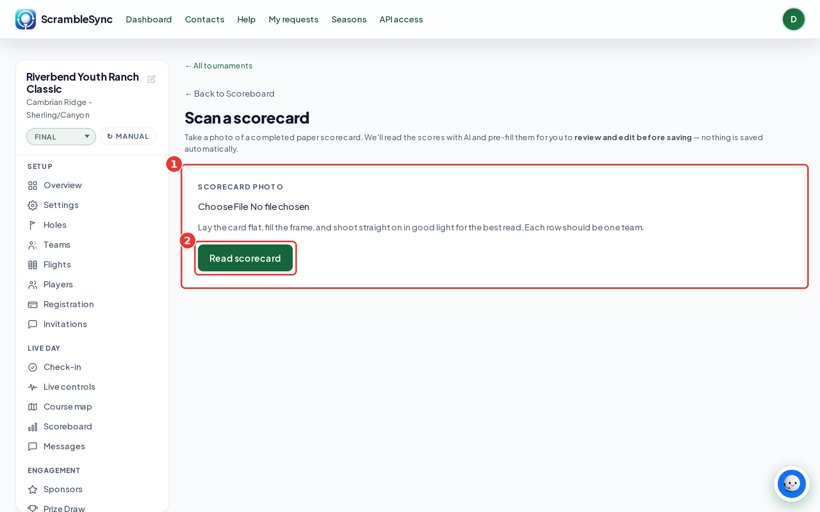 Scan a scorecard page with the scorecard photo picker and the Read scorecard button