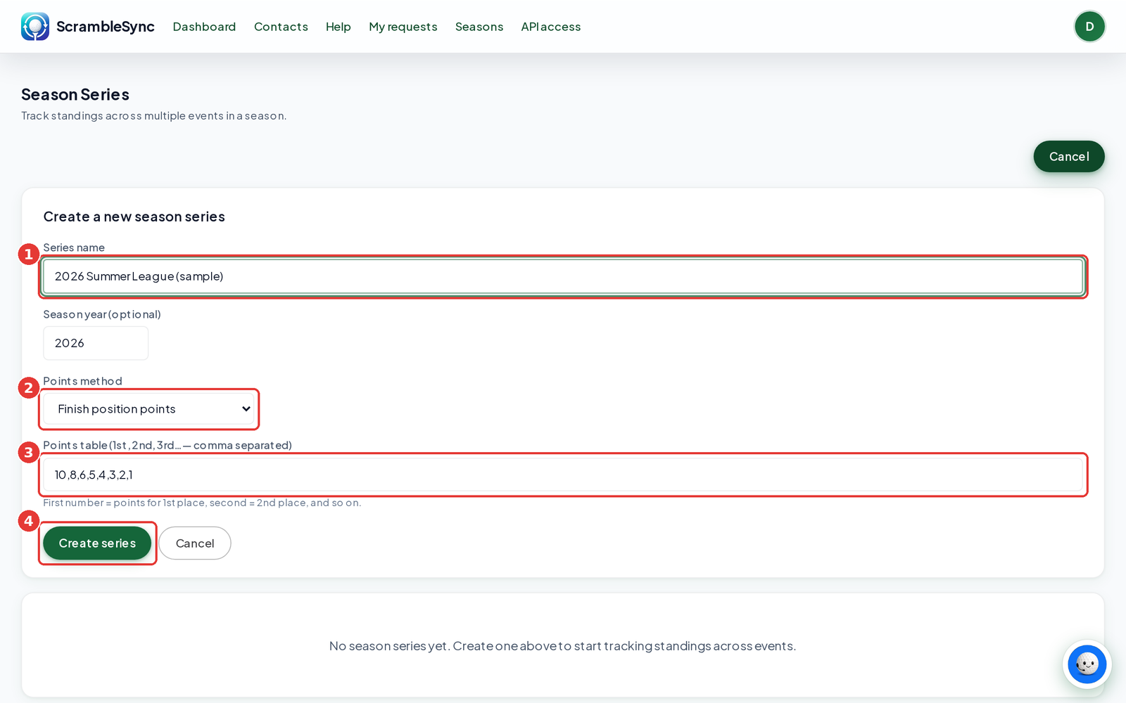 Create a new season series form with Series name, Points method, Points table and Create series
